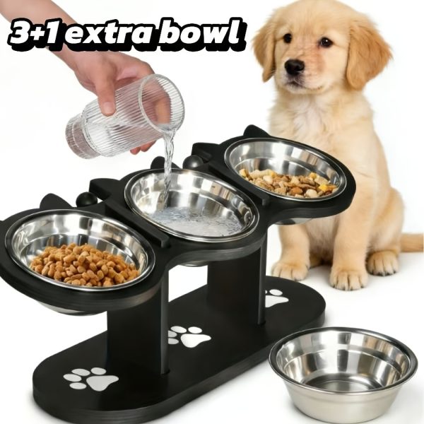 Set de Boluri pentru Pisici Ridicate cu 4 Boluri din Oțel Inoxidabil - Bol Inoxidabil Înclinat la 15°, Înălțime Reglabilă cu Suport Negru, Cadou Ideal pentru Proprietarii de Animale de Companie