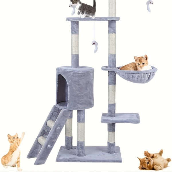 Turn de cățărat pentru pisici pe mai multe niveluri, 145 cm înălțime, cu stâlpi de zgâriat și scară, conceput ca mobilier de activitate interioară pentru pisoi și pisici (GREY)