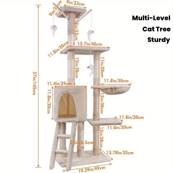 Turn pentru pisici de 140 cm înălțime, cu mai multe niveluri, stâlpi de zgâriat din sisal, cadru mare de cățărat, scară, hamac și casă - Mobilier robust pentru interior, pentru pisoi și pisici, turn alb/maro pentru cățărat, odihnă și joacă