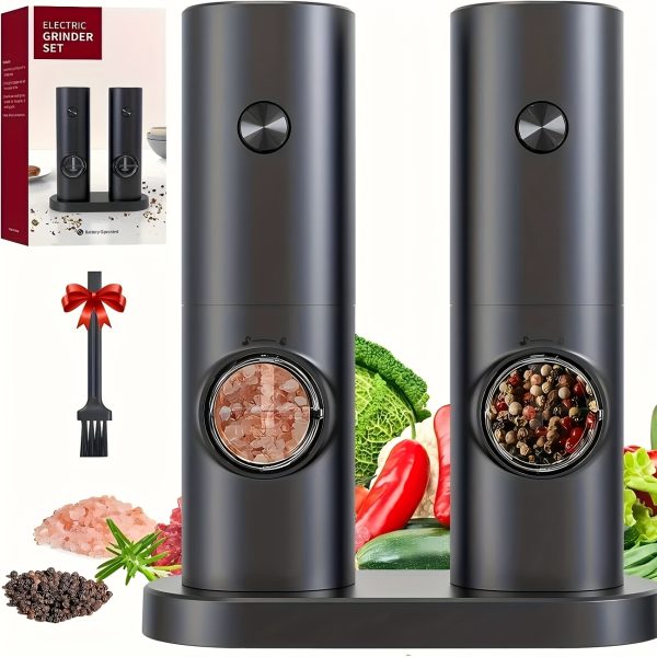 Set Râșnițe Electrice Sare și Piper [Opțiune 1 Bucată/2 Bucăți] - Alimentare pe Baterii (Bateriile Nu Sunt Incluse). Pachet Dublu cu Suport, Lumină LED Albă Practică. Granulație Ajustabilă