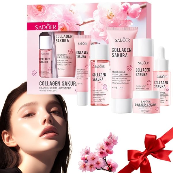 Set de călătorie hidratant cu colagen Sakura, 6 bucăți. Conține demachiant, toner, loțiune, ser, cremă de ochi, cremă de față. Set de îngrijire a pielii feței. Hidratează, netezește, face pielea moale și delicată.